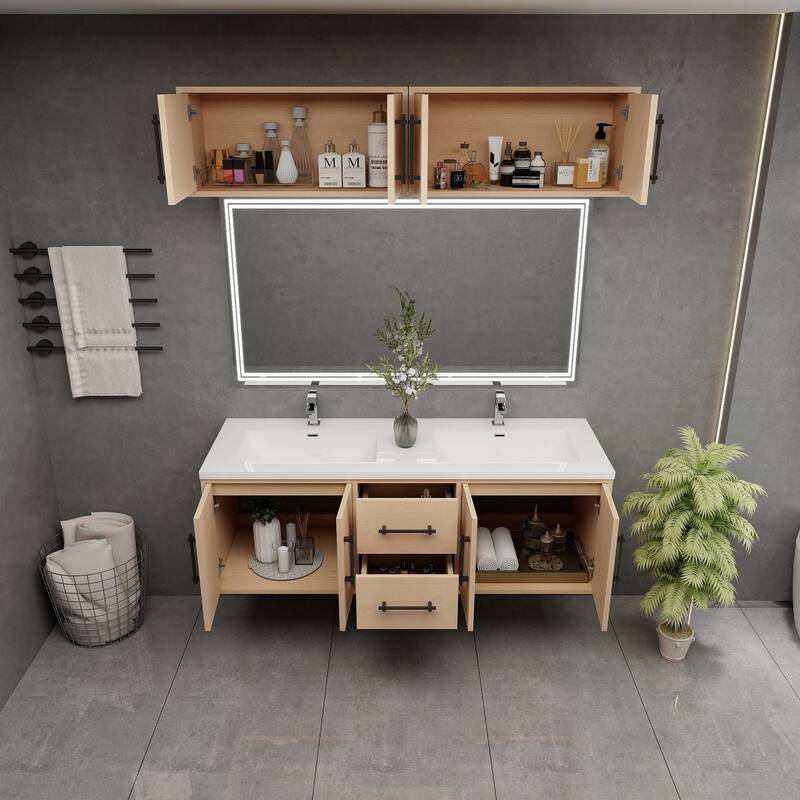 Victoria 60'' Wall-Mounted Double Sink Vanity Set with LED light Top Cabinet