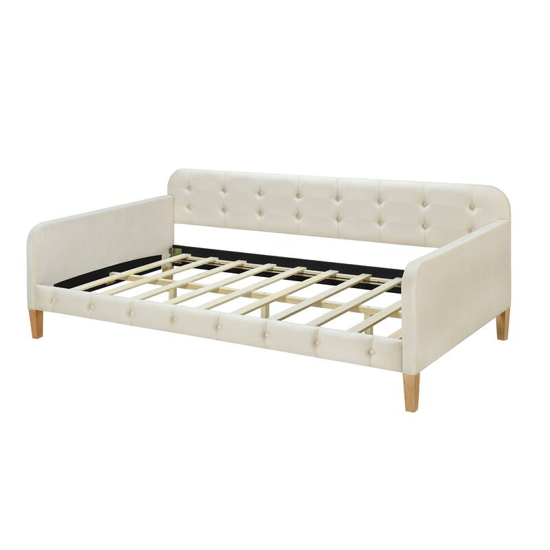 Twin Size Velvet Upholstered Daybed Frame with Tufted Backrest & 4 Legs