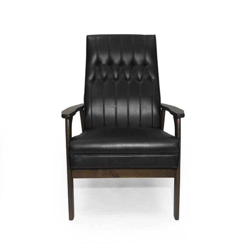 Accent Armchair, Tufted Matte Black Faux Leather, Brown Wood Frame