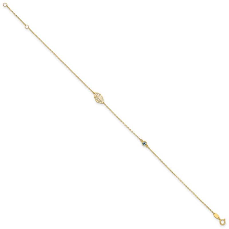 Curata 14k Yellow Gold 9+1" Leaf and Glass Evil Eye Bead Anklet (Spring-ring)