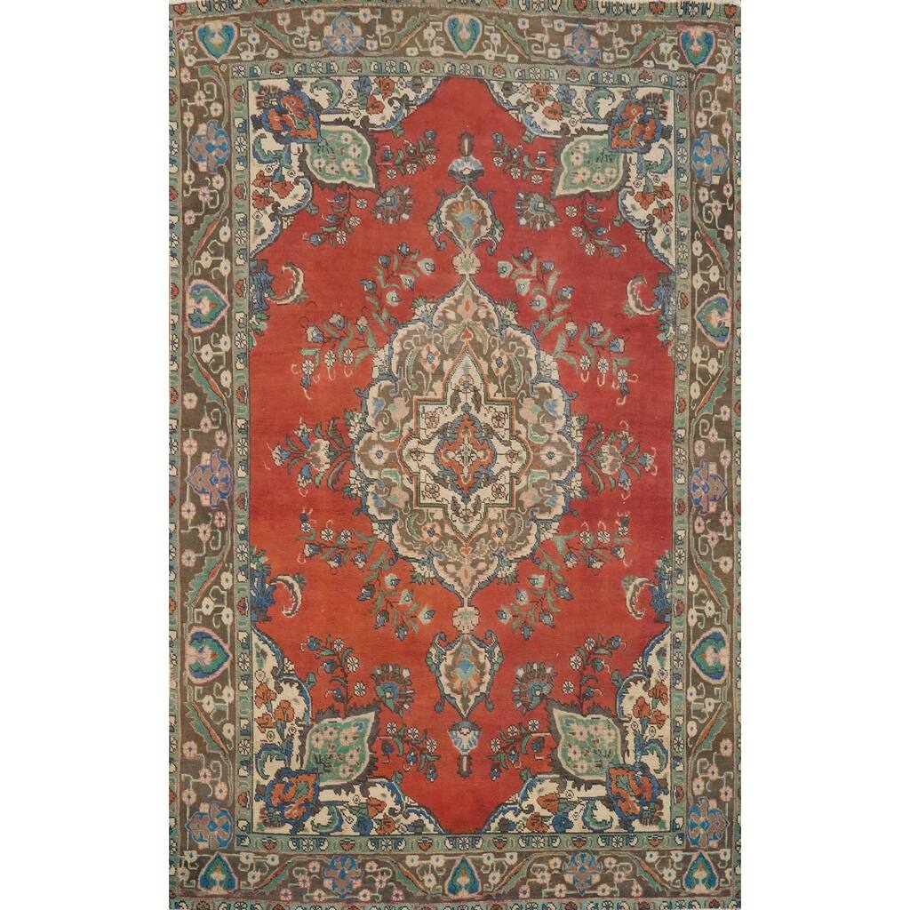 Hand Knotted Oriental 100% Wool Carpet Traditional Medallion Oranges & Rust Tabriz Area Rug - 9' 9'' X 6' 7''