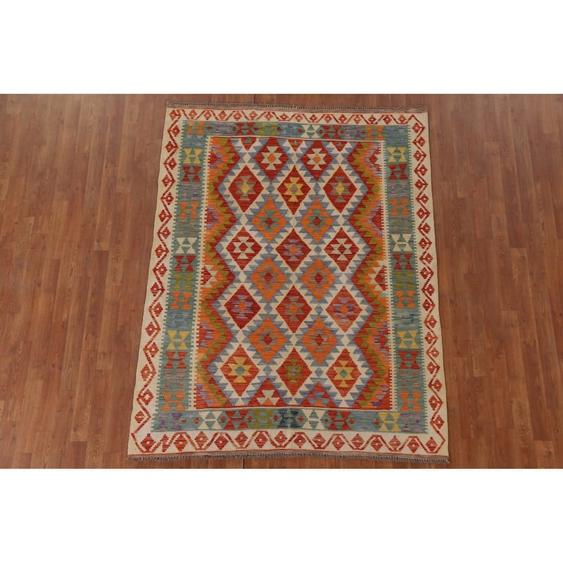 Hand Woven Oriental 100% Wool Carpet Southwestern Geometric Multi-Colored Kilim Area Rug - 6' 5'' X 5' 0''