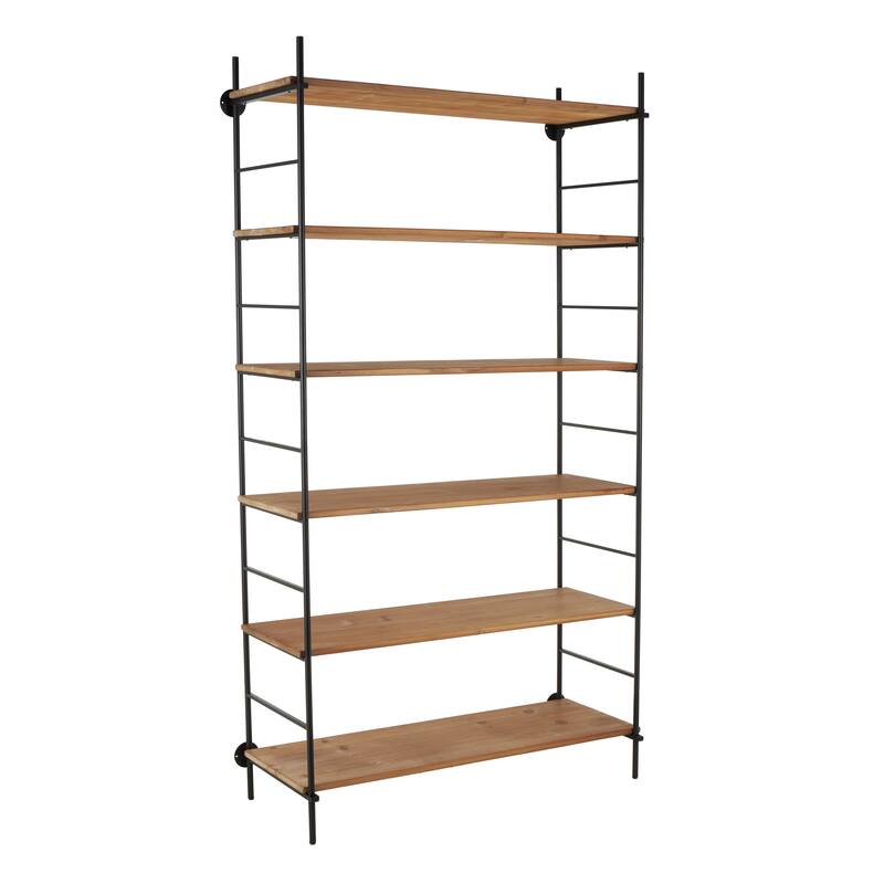 Wood Rectangular 6 Level Shelving Unit with Black Metal Ladder Frames - Brown - Roche River Decor