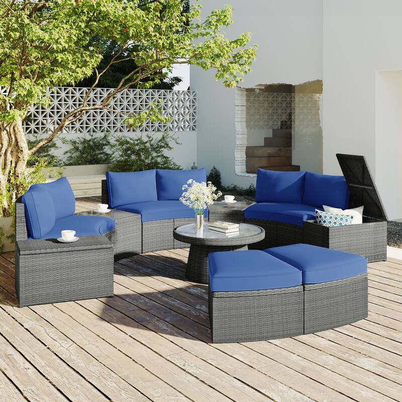 10-Piece Outdoor Sectional Half Round Patio Rattan Sofa Set - Blue
