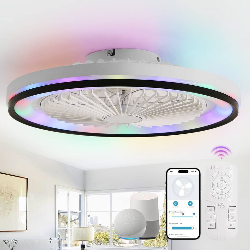 15"/19''/20"/42" RGB Color Dimmable LED Ceiling Fan with APP & Remote Control 6 Wind Speed, with Bluetooth Speaker Optional