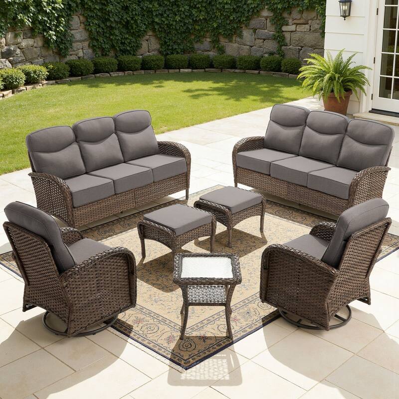 Luna 7-Piece Wicker Patio Conversation Set with Swivel Gliders and 6-Inch Thick Olefin Cushions - Gray Cushions - Brown Wicker
