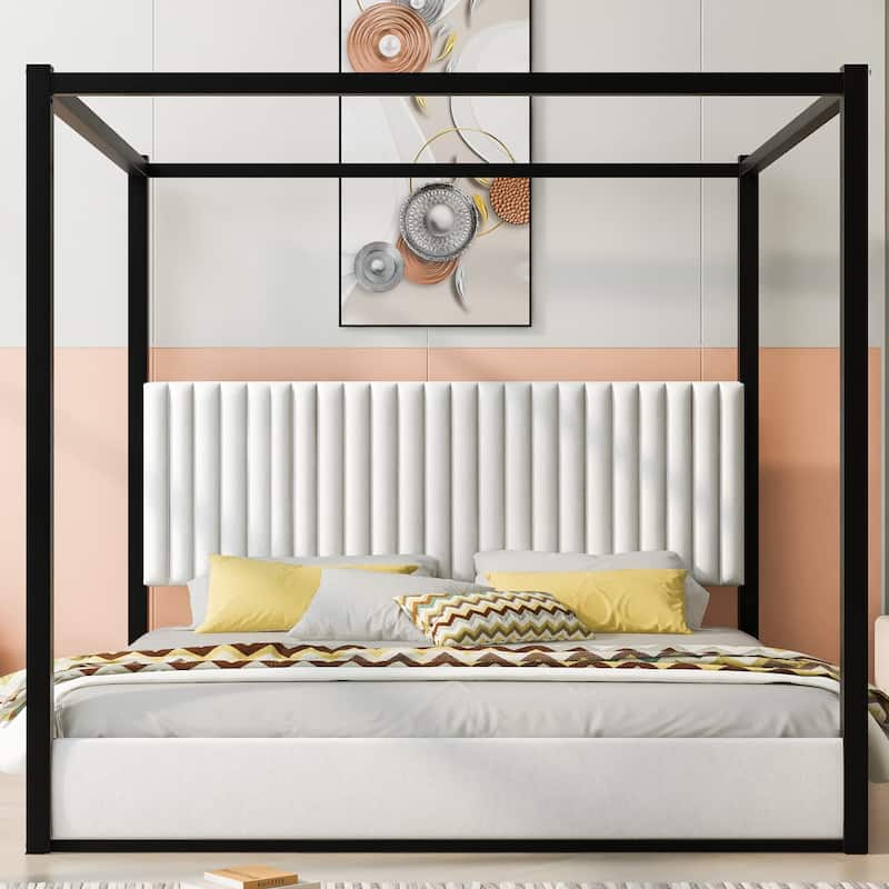 Canopy Bed, Low Profile Platform Bed with Striped Upholstered Headboard Wingback Bed Metal Four Poster Bed Frame, Grounded Bed