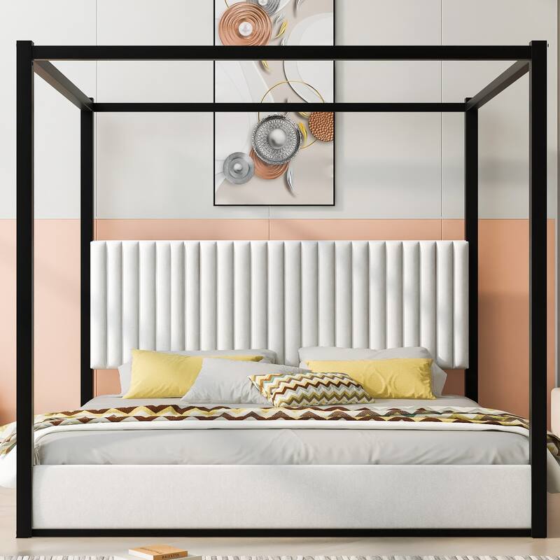 Upholstery Metal Frame Canopy Platform Bed with Headboard - White+Black - King