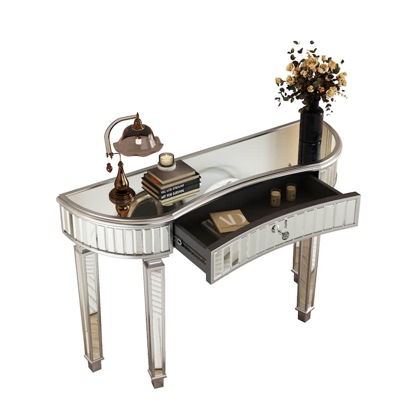 GDFStudio - 47" Half-Moon Mirrored Console Table with Fluted Glass & Crystal Knob Drawer