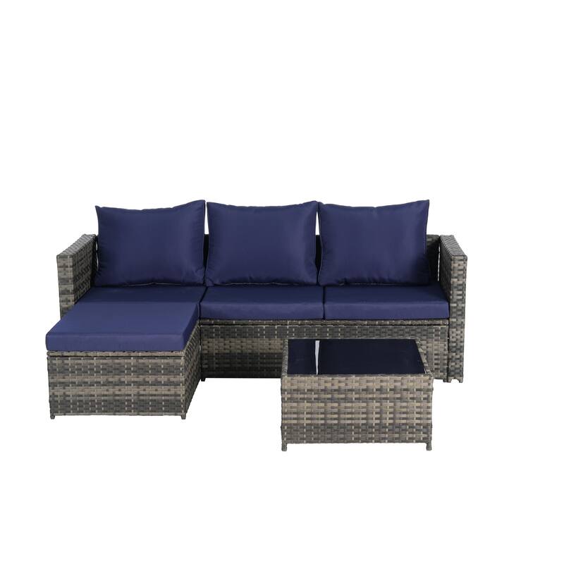 2-Pieces Outdoor Patio L-Shaped Sectional Sofa Set with Glass Coffee Table