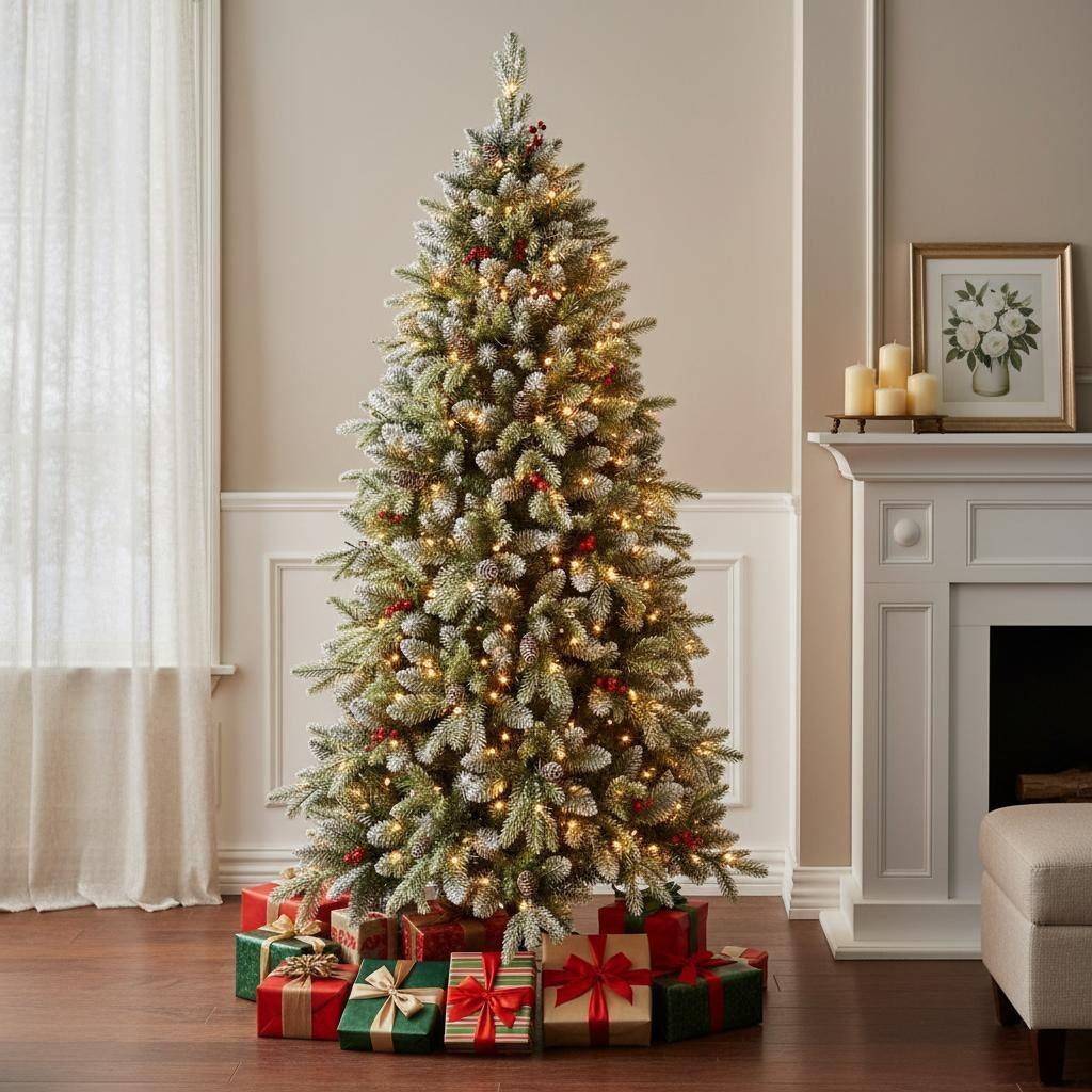 HomeRoots 6' White Pre Lit Full Pine Christmas Tree With Decorations - Green - 37.00 in. x 72.00 in. x 37.00 in.