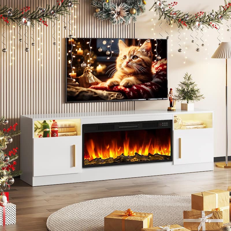 Bossin 70" Fireplace TV Stand with 36" Electric Fireplace, TV Stand for TVs Up to 80", 16 Colors LED Lights/Entertainment Center