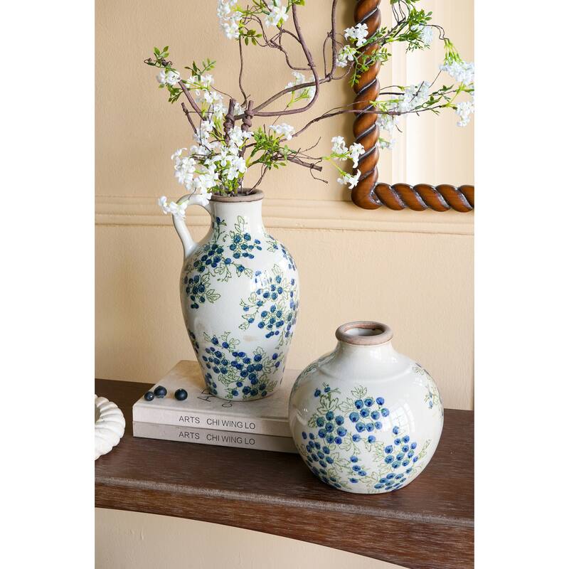 7.9x7.9x7.9" White Ceramic Vase With Blue Berry Motif