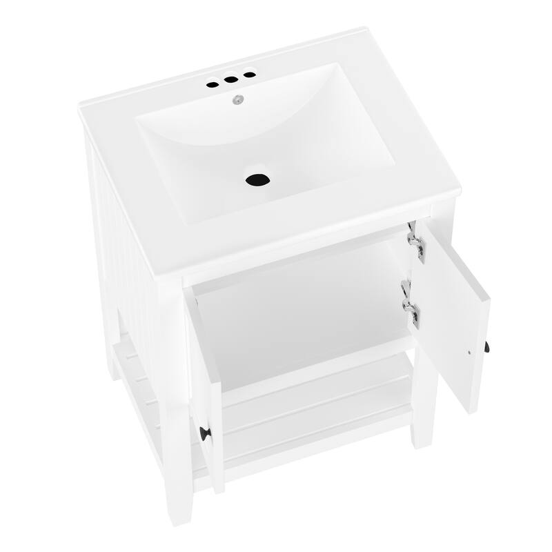 24" Bathroom Vanity Ceramic Sink with Solid Wood Frame Open Style Shelf