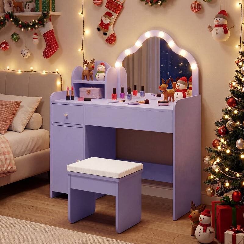 Gymax Kids Vanity Set Princess Pretend Play Makeup Desk w/ Cute