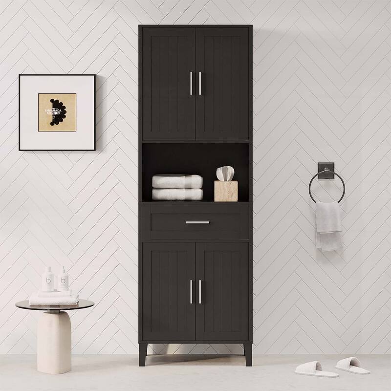 Freestanding Tall Cabinet with Drawer,2 Cabinets,4 Soft-Close Doors,and Adjustable Shelves for Versatile Storage