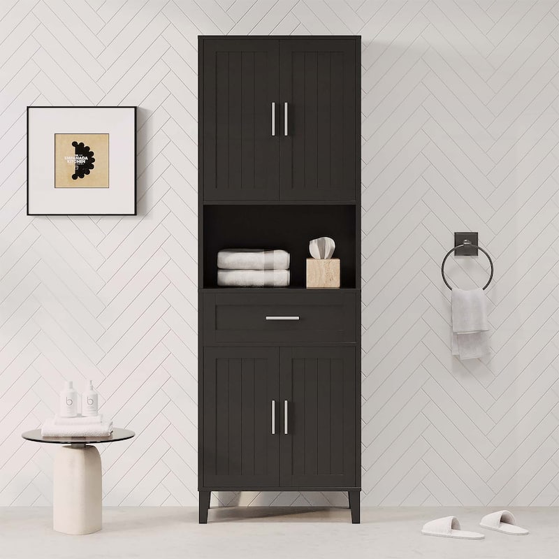 Tall Bathroom Cabinet with Drawer,Cabinets,Soft-Close Doors,Adjustable Shelves,Open Storage for Versatile Use