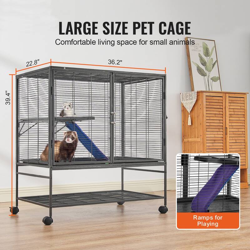 Black Iron & Plastic Pet Cage with Ramp, Wheels & Large Storage Shelf - 36.2"x22.8"x39.4"