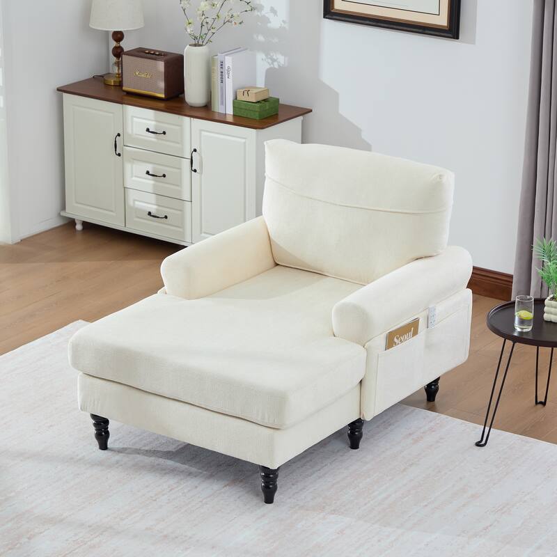 Chenille Fabric Chaise Lounge Arm Chair, Single Sofa Chair Sleeper Recliner