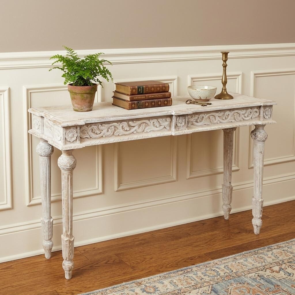 HomeRoots 54" White Solid Wood Distressed Console Table - 54.00 in. x 30.00 in. x 12.00 in.