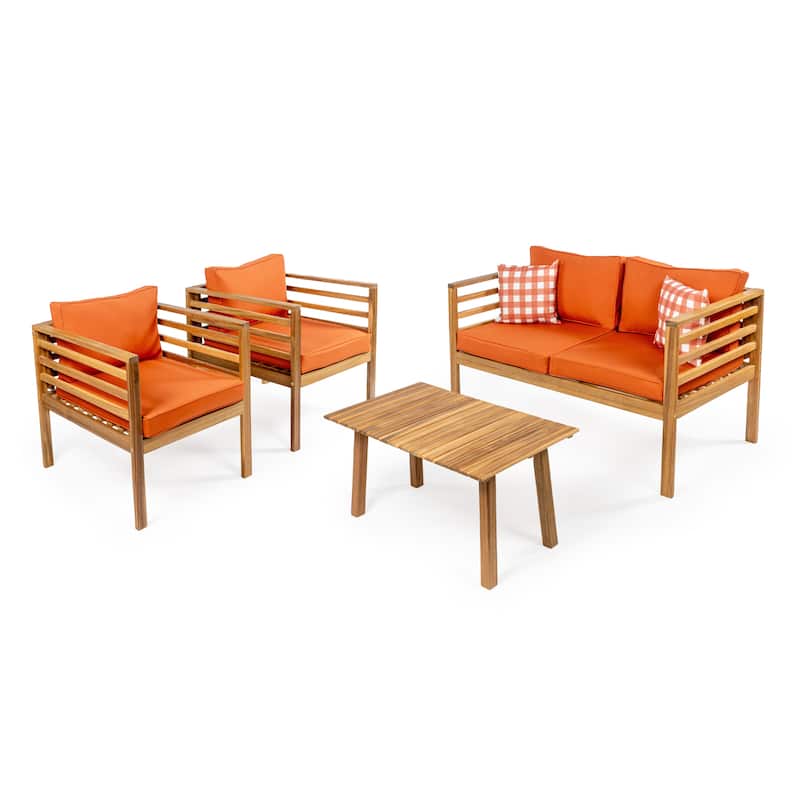 Everly 4-Piece Mid-Century Modern Acacia Wood Outdoor Patio Set with Cushions and Plaid Decorative Pillows, by JONATHAN Y - Orange