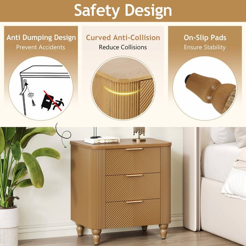 Mid-Century Fluted 3-Drawer Nightstand with Curved Design and Gold Handles