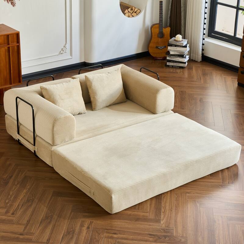 59.05'' Corduroy Convertible Sofa Bed with Cylindrical Pillow, Floor Sofa Lounge Couch - Beige