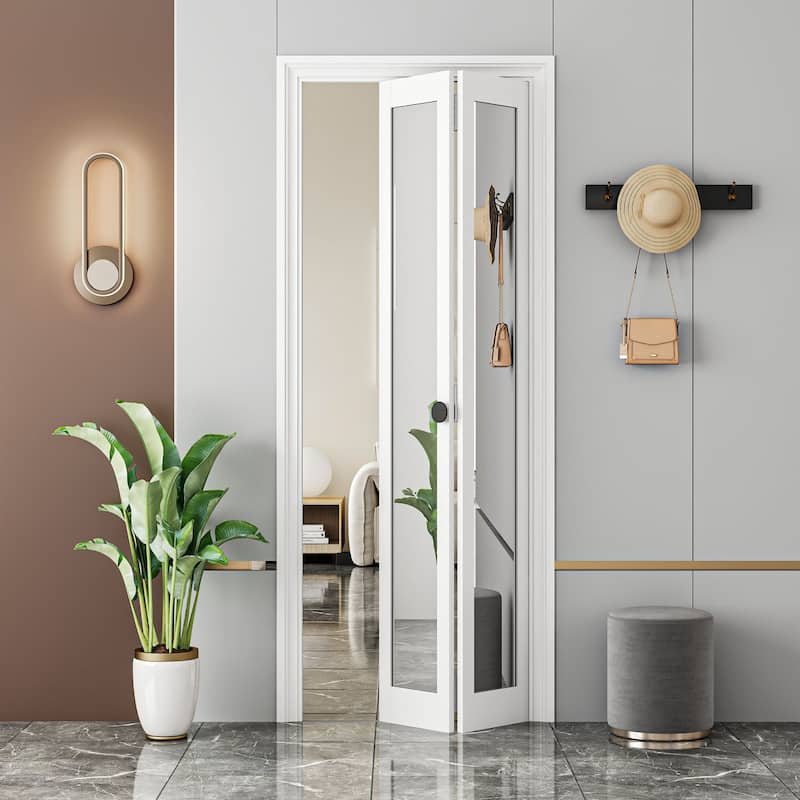 80 in.Double 1 Lite Mirrored Folding Bi-Fold Sliding Barn Door With Installation Hardware Kit
