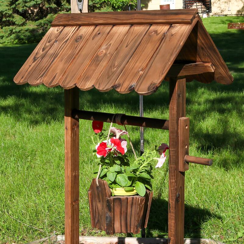 2-Tier Wooden Wishing Well Garden Planter Outdoor Patio Garden - 45"
