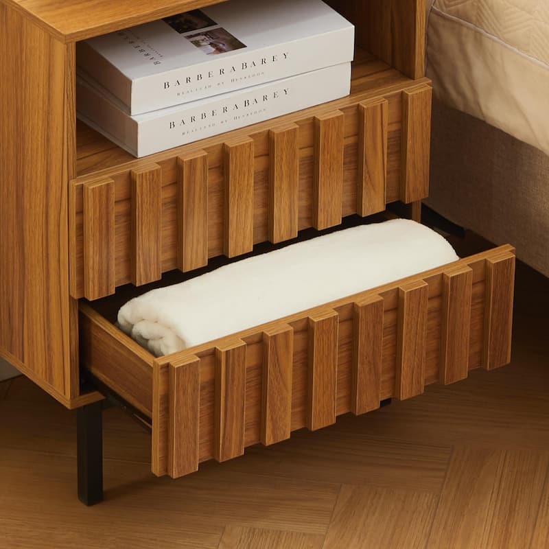 Mid Century Woodgrain Nightstand Pair 2 Drawers Bedside Table