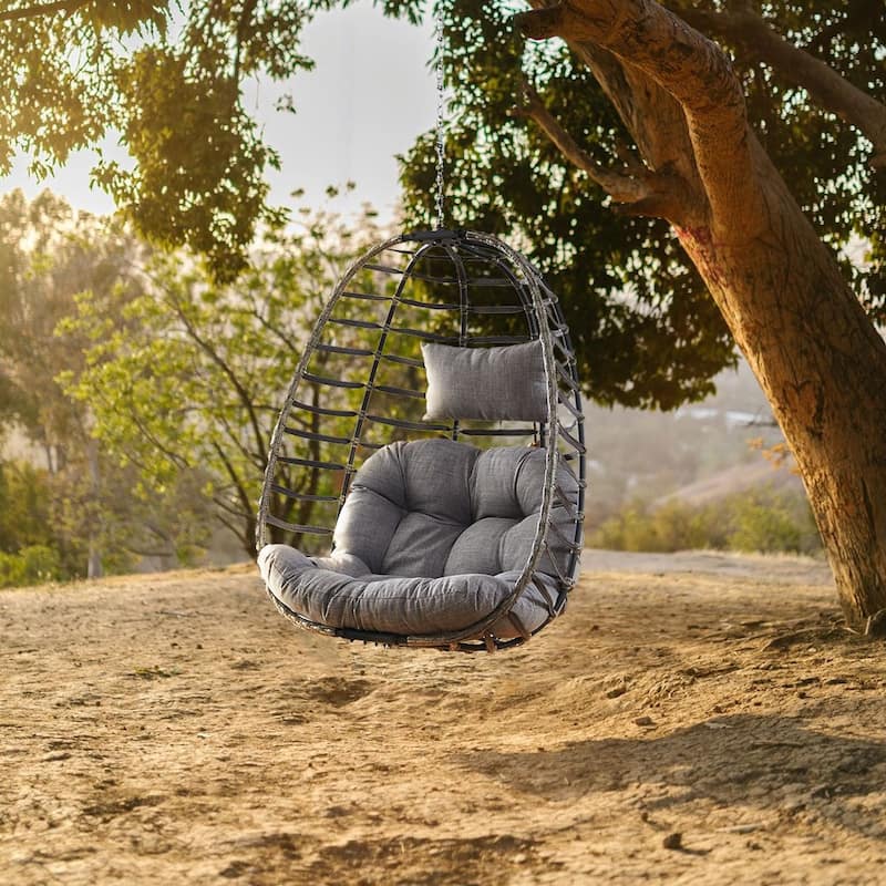 Pocassy Foldable Hanging Egg Chair - Grey - Grey Rattan & Grey Cushion