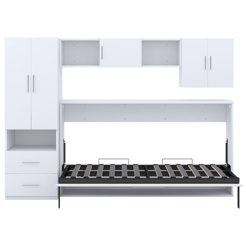 Twin Size Murphy Bed with Open Shelves, Storage Drawers & Wardrobe