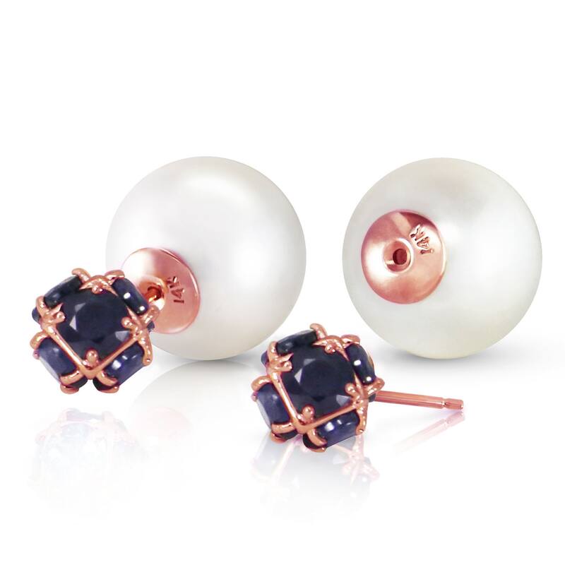 14K Solid Gold Tribal Double Shell Pearls And Sapphires Stud Earrings