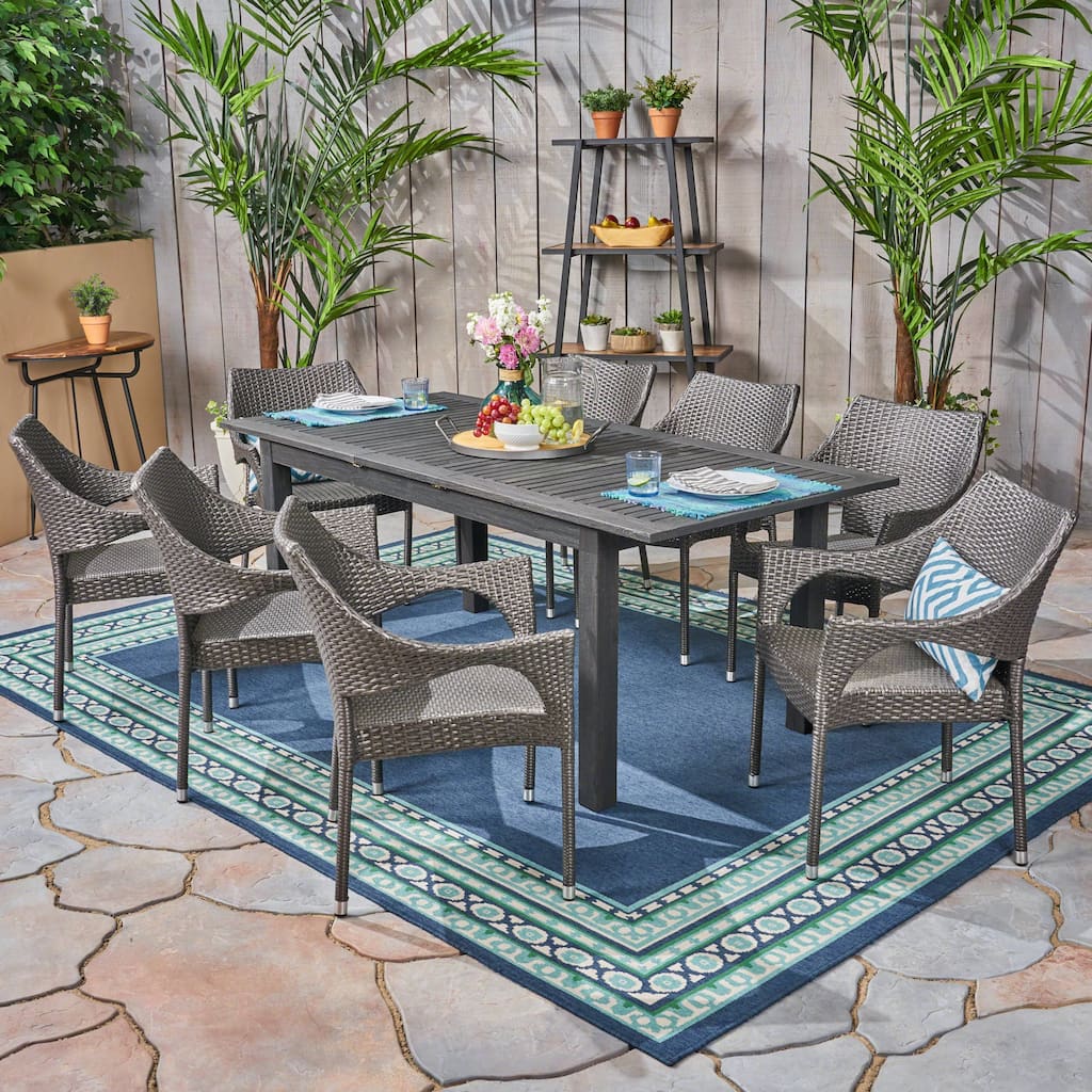 Damon Outdoor 9 Piece Wood and Wicker Expandable Dining Set by Christopher Knight Home