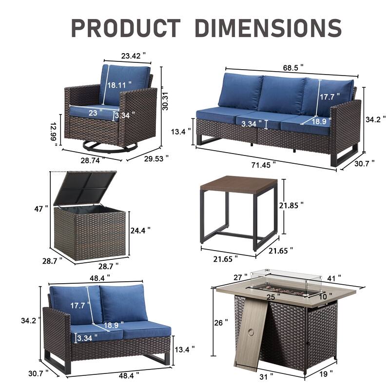 Gymojoy 9 Piece Wicker Outdoor Patio U-shaped feet Conversation Set Group , Include Fire Pit Table