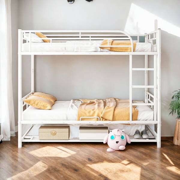 slide 2 of 14, Full Over Full Metal Bunk Bed with Shelf and Guardrails, White White