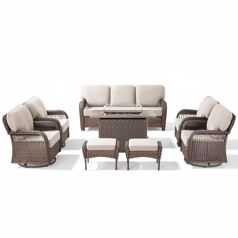 Pocassy Patio Sofa Ottoman Swivel Chair Table with Fire Table Set.