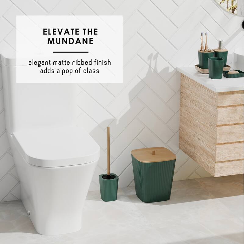 Empyrean Bamboo Bathroom Accessories Set with Shower Curtain Set, Toilet Brush, Trash Can & Soap Dispenser