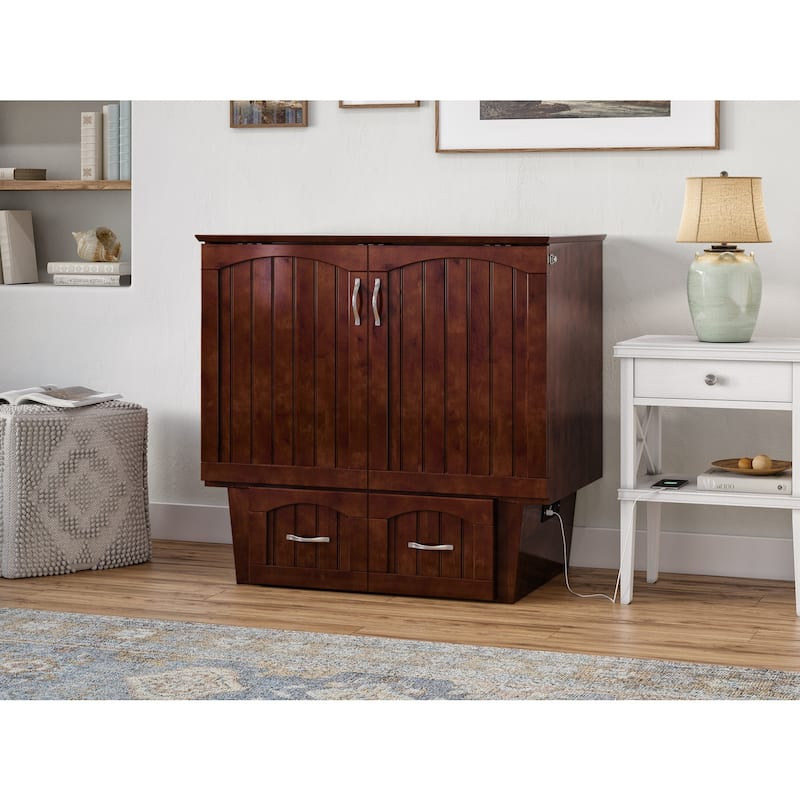 Twin Murphy Bed Chest with Storage and Charging Station in Walnut
