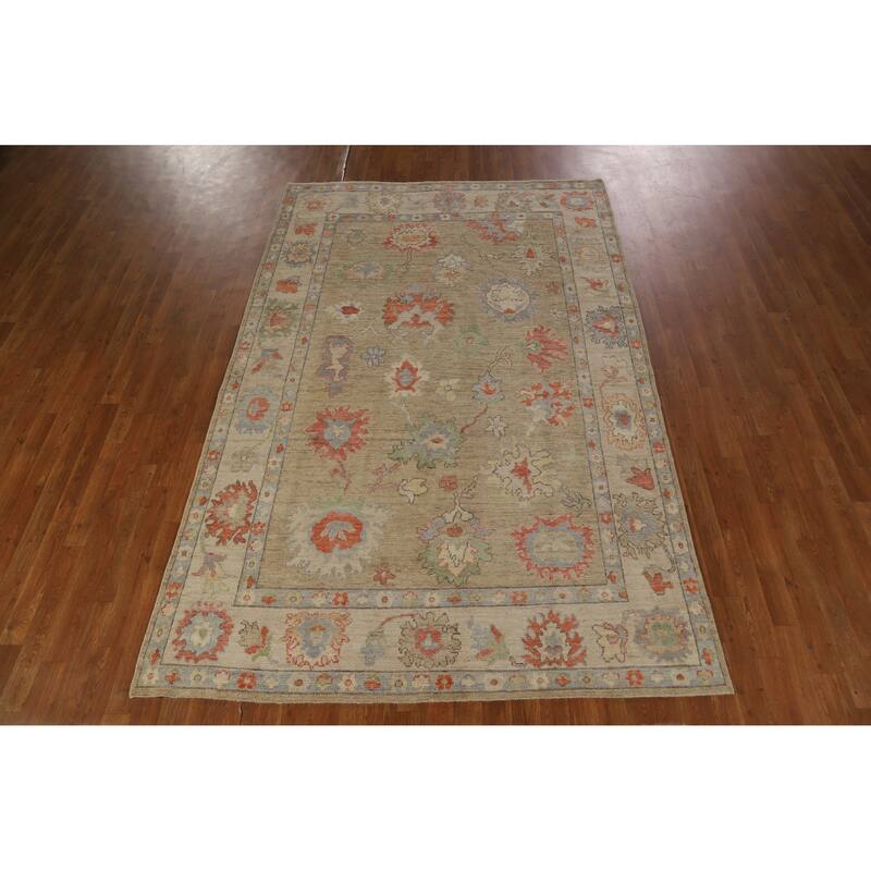 Hand Knotted Oriental 100% Wool Carpet Transitional All-Over Beige & Ivories Oushak Area Rug - 9' 0'' X 5' 10''