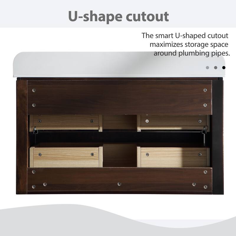 Modland Fluted Floating Vanity with Sink, Plywood Wall Mount Cabinet, Curved Edge, 24/30/36 Inch