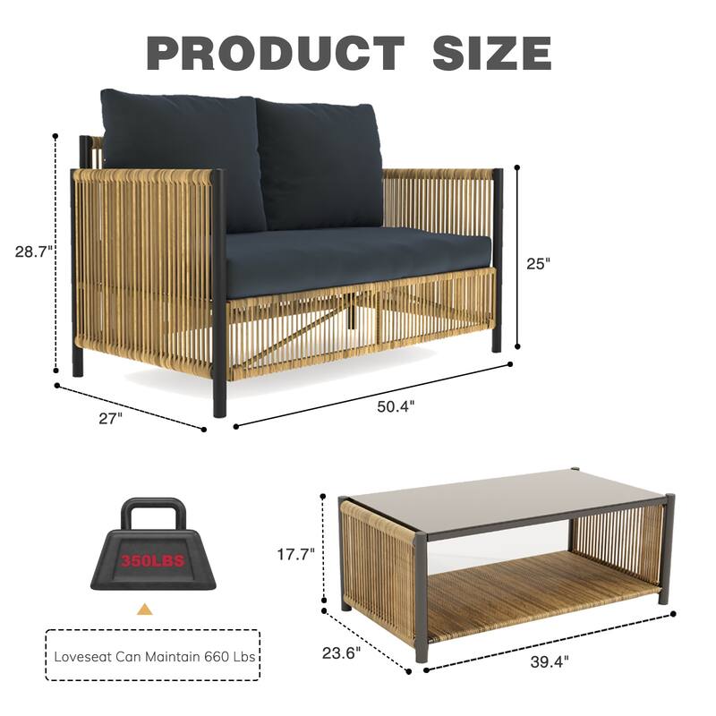 6-Piece Outdoor PE Rattan Patio Furniture Set with Removable Cushions and Coffee Table, Waterproof Wicker Conversation Set