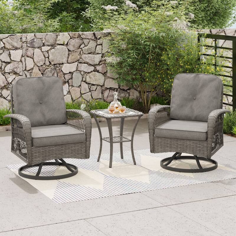 Corvus Livorno Outdoor 3-piece Steel Wicker Swivel Chat Set - Dark Grey with Grey Finish