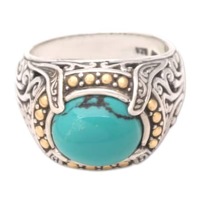 Novica Handmade Majestic Touch Gold-Accented Sterling Silver Cocktail Ring - Aqua