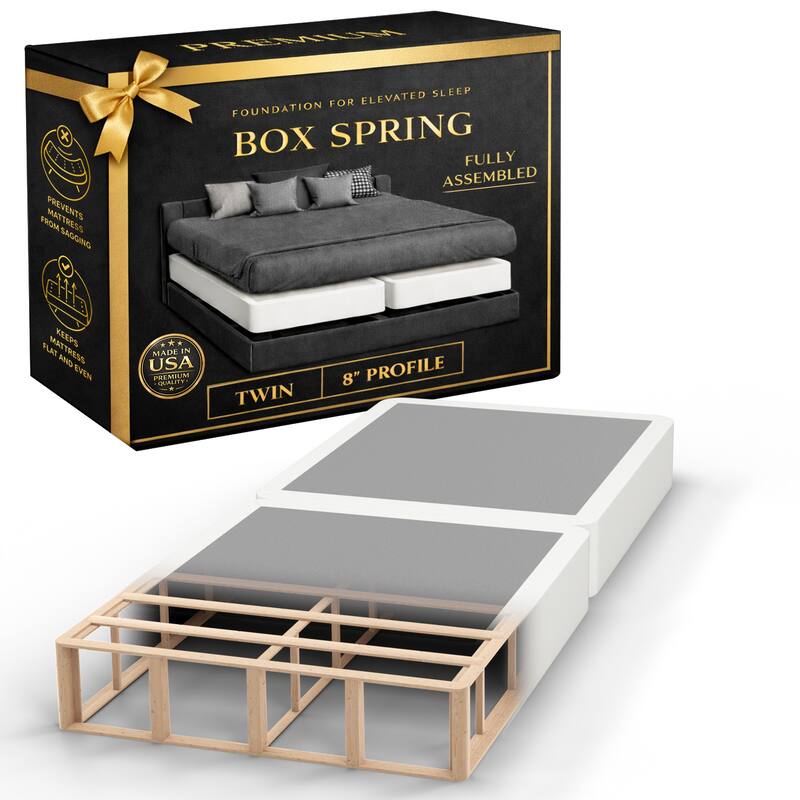 Onetan 8-Inch & 4-Inch Wooden Box Spring/Foundation Ideal for Mattress, No Assembly Needed, White. - Twin - Split Regular Profile