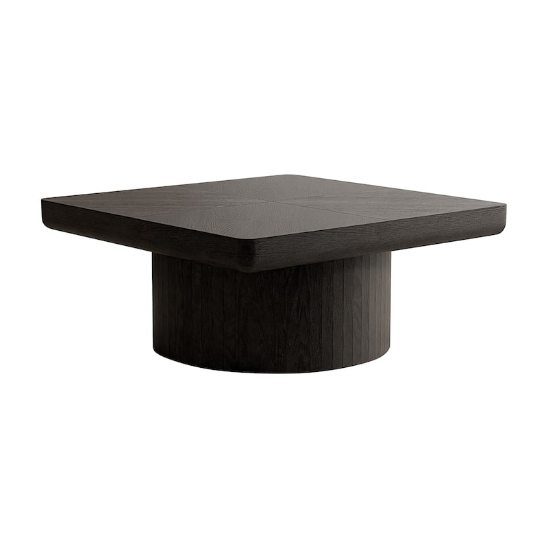 34.6" Modern Square Coffee Table with Parquet Wood Veneer Top & Cylindrical Base, Stylish Living Room Center Table