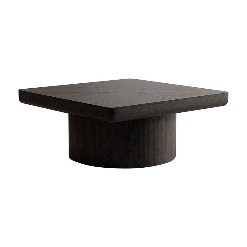 34.6" Square Coffee Table for Living Room, Modern Wood Veneer Top with Parquet Pattern & Cylindrical Base