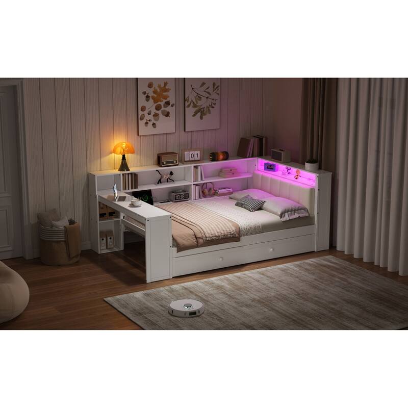 Roomfitters Twin/Full Platform Bed with Trundle, LED Headboard, Charging Station and Storage