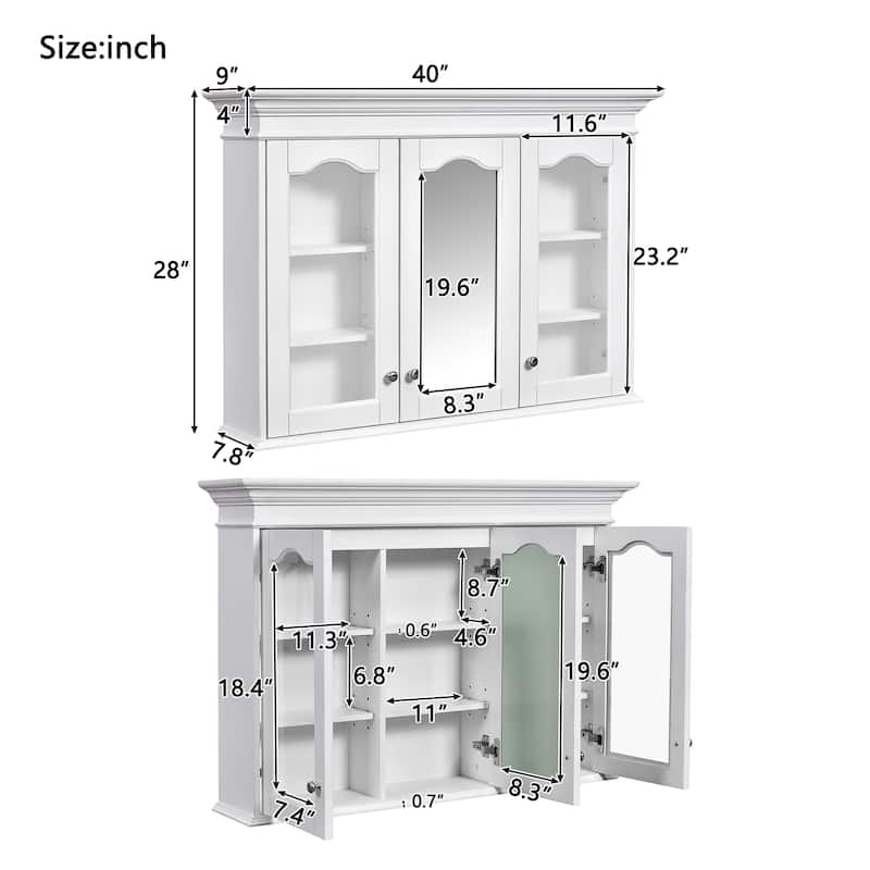 40-Inch Bathroom Storage Cabinet With Mirror Door, Glass Panels, And Shelves, Designed For Wall Mounting - 40"