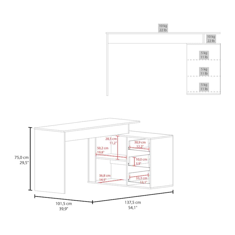 L-Shaped Computer Desk with 3 Drawers and Storage Space